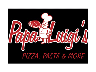 Papa Luigi's logo on a black background with a chef holding a pizza and the text 'Papa Luigi's' and 'Pizza, Pasta & More'.